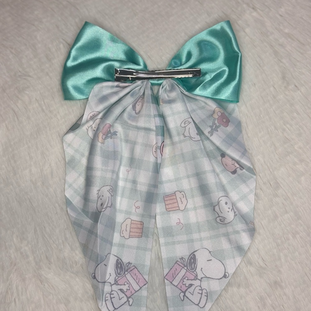 Cute Snoopy satin Bow Scarf in Teal and Mint coquette plaid - Picture 2 of 4